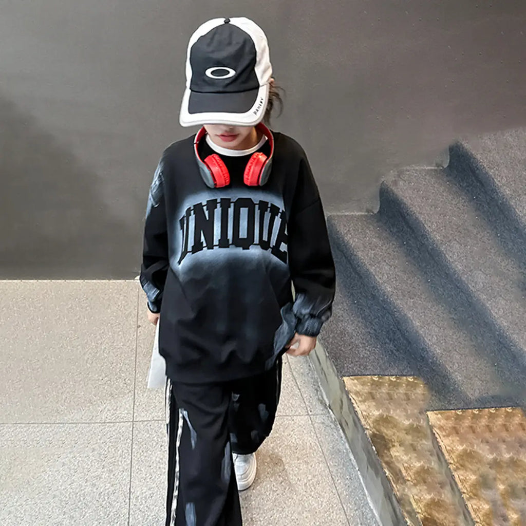 Girls Black Typographic Printed Sweatshirt With Wide Leg Pant Sets Sets