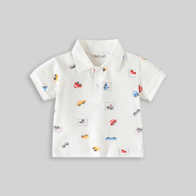 Boys White Short Sleeve Car Printed Polo T-Shirt Tshirts