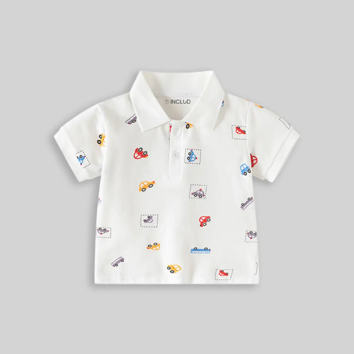 Boys White Short Sleeve Car Printed Polo T-Shirt Tshirts