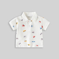 Boys White Short Sleeve Car Printed Polo T-Shirt Tshirts