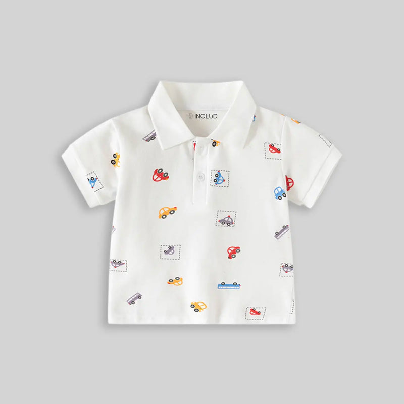 Boys White Short Sleeve Car Printed Polo T-Shirt Tshirts
