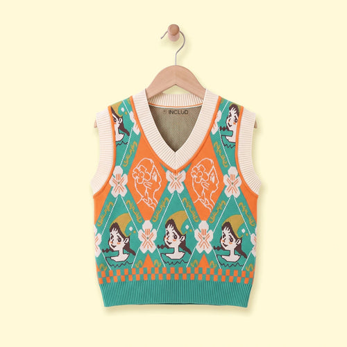 Girls Multicolour Jacquard Sleeveless Sweater Vest Sweaters & Cardigans Multicolor 3-4 Y