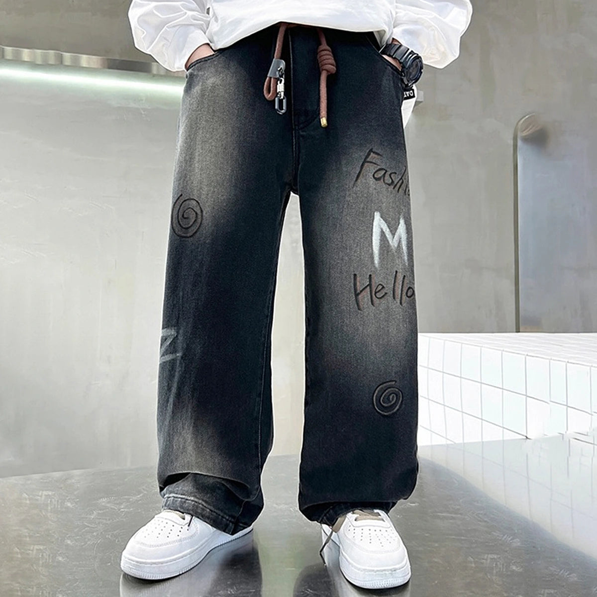 Boys Black Typographic Print Loose Fit Denim Jeans Pants