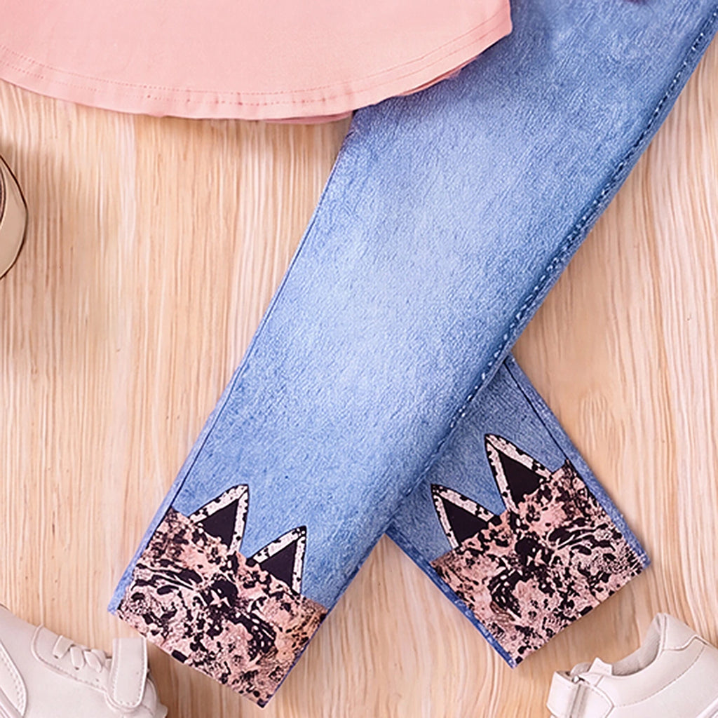 Girls Light Pink Graphic Top With Denim Jeans Sets 2 pc. Sets