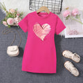 Girls Fuchsia Heart Print Short Sleeve T-Shirt Dress Casual Dresses Fuchsia 4-5 Y
