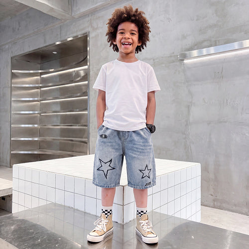 Boys Light Blue Star Embroidered Relaxed Fit Denim Shorts Shorts Light Blue 5-6 Y