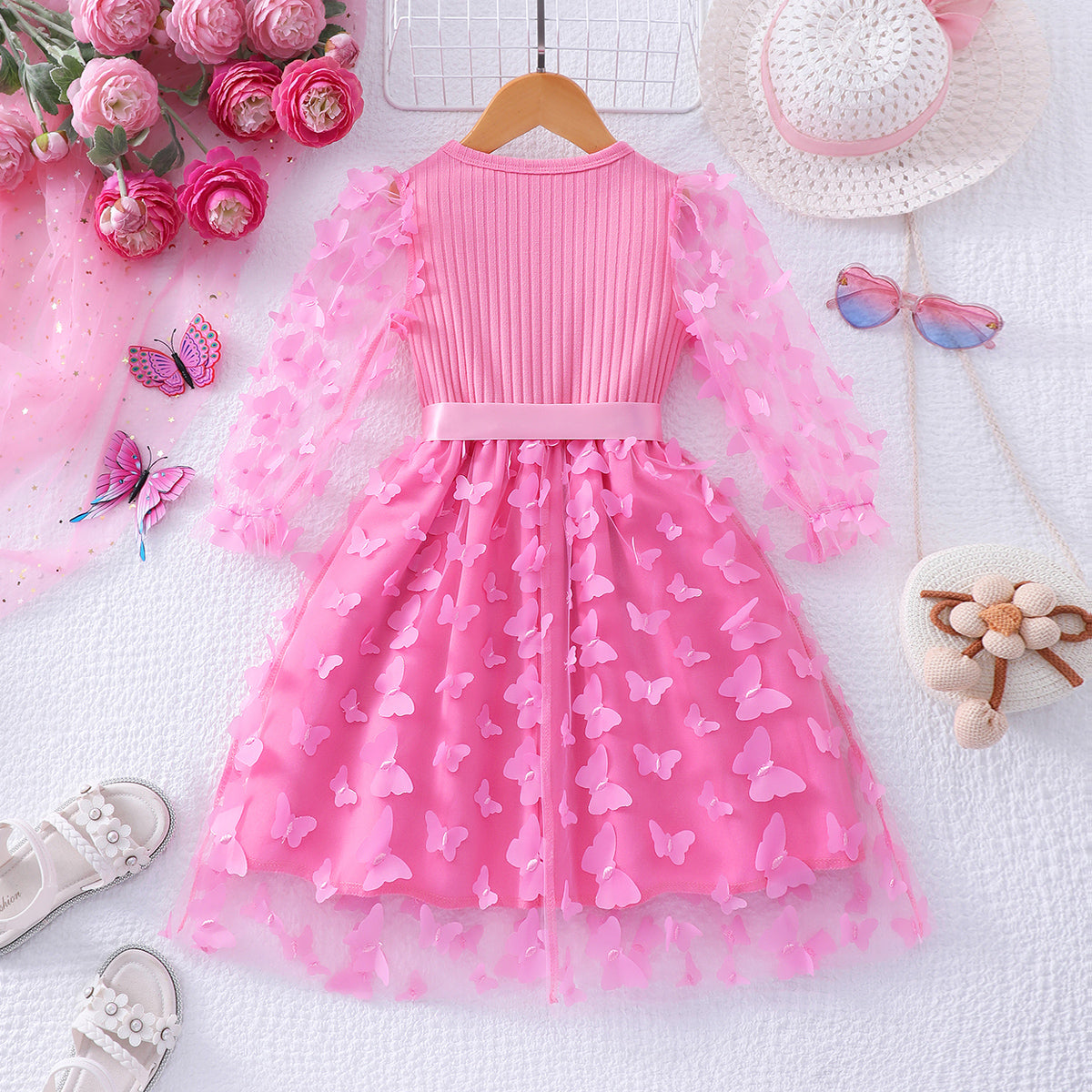 Girls Pink Butterfly Applique Tulle Overlay Fit & Flare Casual Dress Casual Dresses