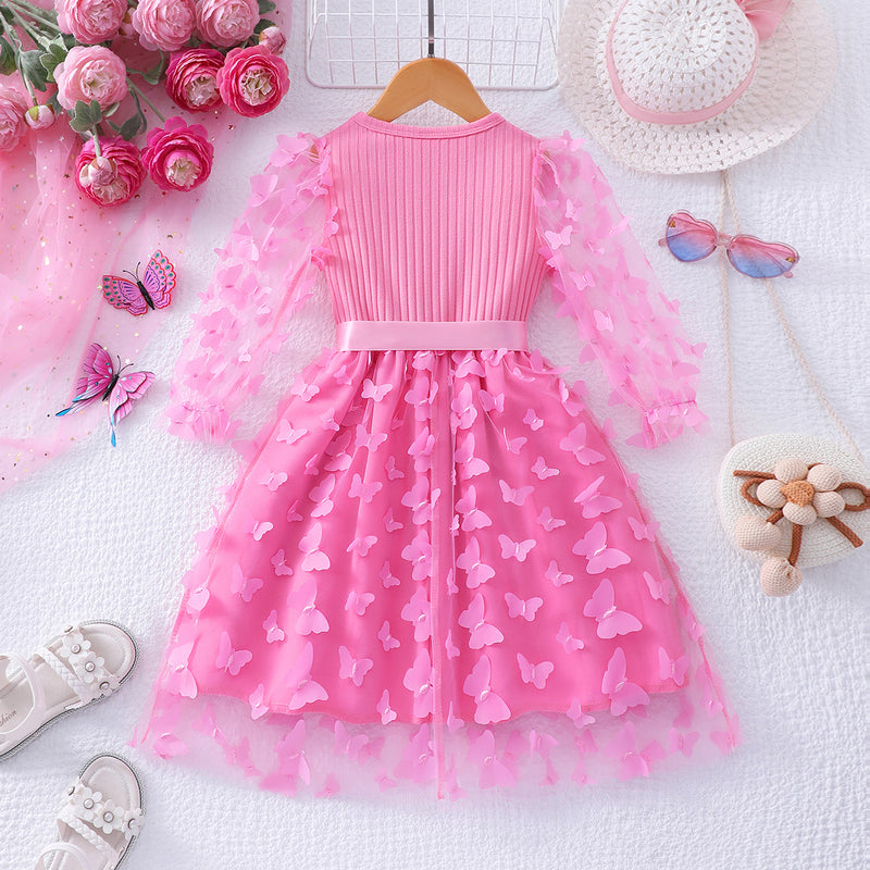 Girls Pink Butterfly Applique Tulle Overlay Fit & Flare Casual Dress Casual Dresses