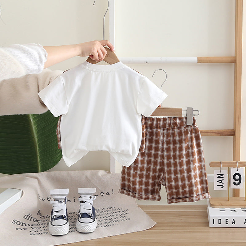 Boys Attached Waistcoat T-Shirt With Brown Abstract Printed Shorts Set 2 pc. Sets