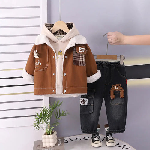 Boys Long Sleeves Light Brown Jacket With Sweatshirt And Pants Sets 3 pc. Sets