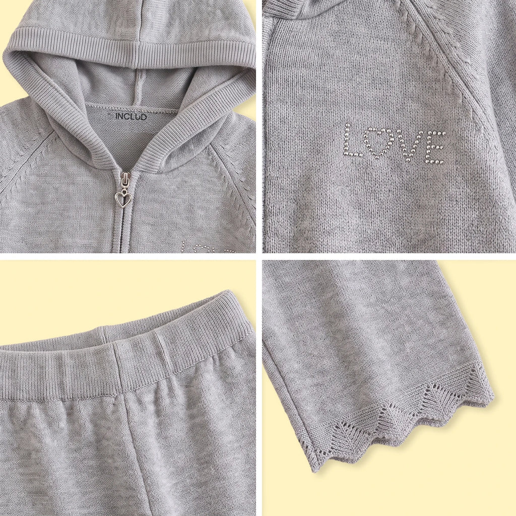 Girls Grey Hooded Zip-up Sweater & Pants Co-ord Sets Sets