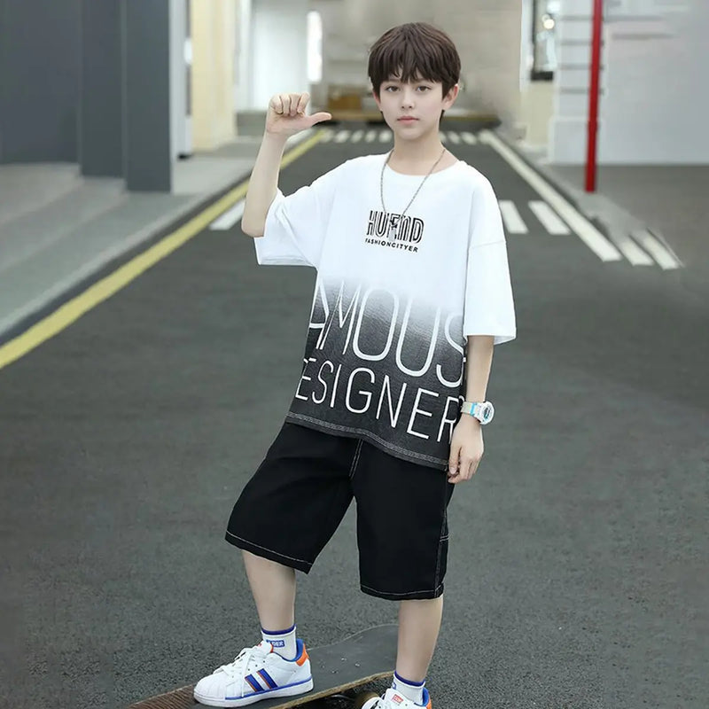 Boys White Typographic Printed Oversized T-Shirt With Shorts Set Sets