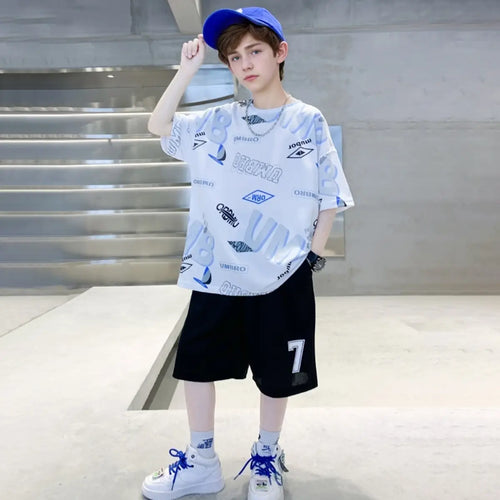 Boys Light Blue Typographic Printed Oversized T-Shirt With Shorts Set Sets Light Blue 5-6 Y