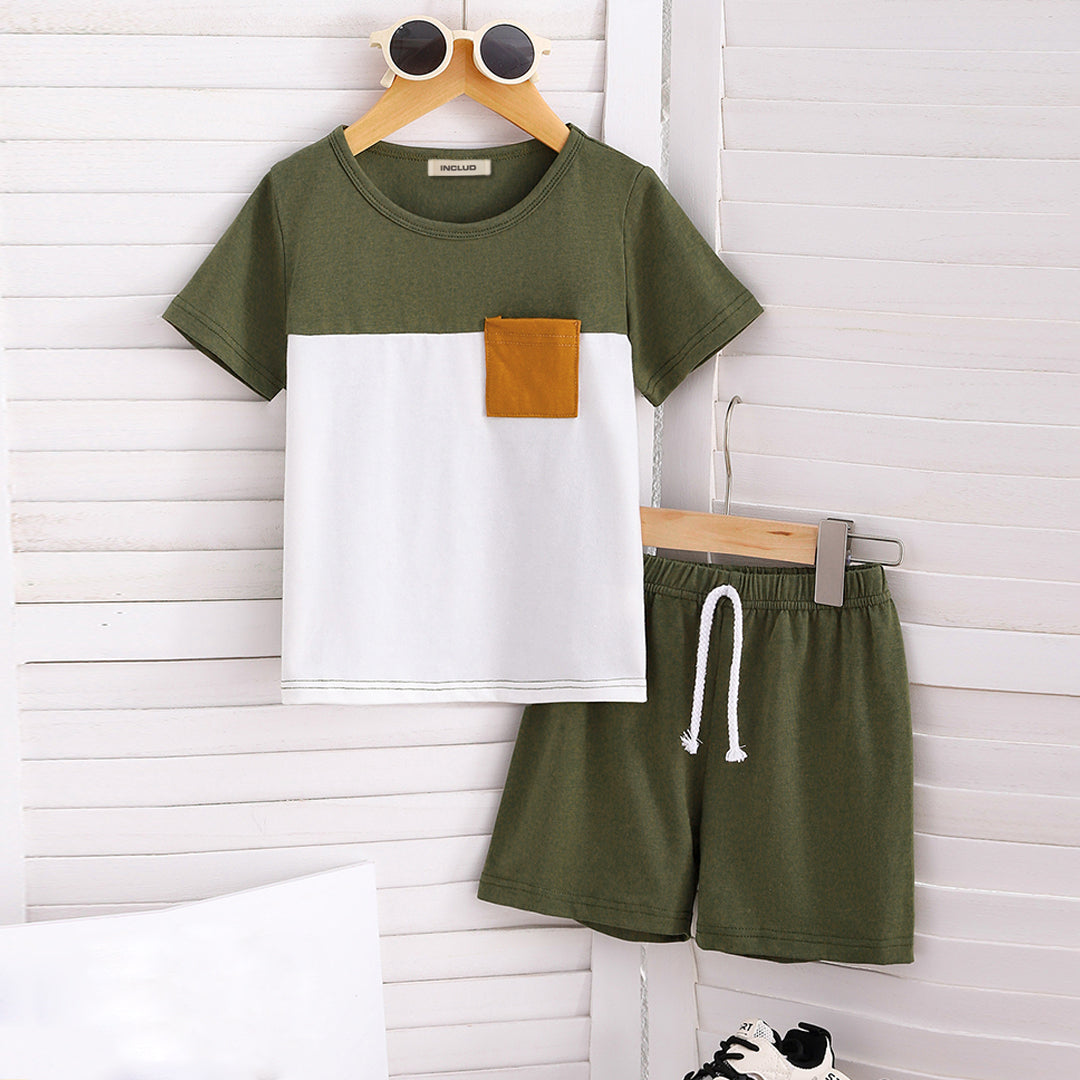 Boys Olive Short Sleeve Color-blocked T-Shirt With Elasticated Shorts Set 2 pc. Sets Olive 3-4 Y