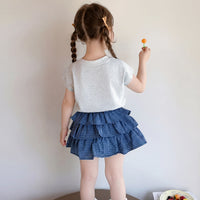 Girls Light Grey Graphic Top With Tiered Mini Skirt Sets Sets
