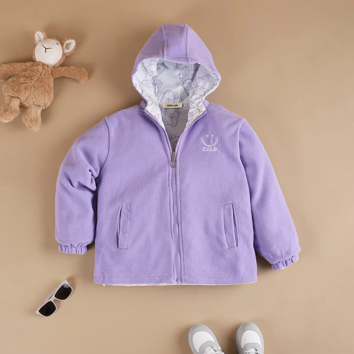 Girls Purple Bear Printed Reversible Hooded Zipper Jacket Coats & Jackets