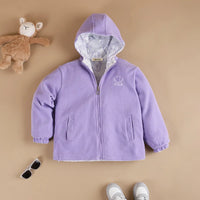 Girls Purple Bear Printed Reversible Hooded Zipper Jacket Coats & Jackets