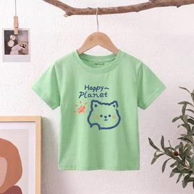 Girls Green Happy Planet Typography Print Short Sleeve T-Shirt Tshirts Green 1-2 Y