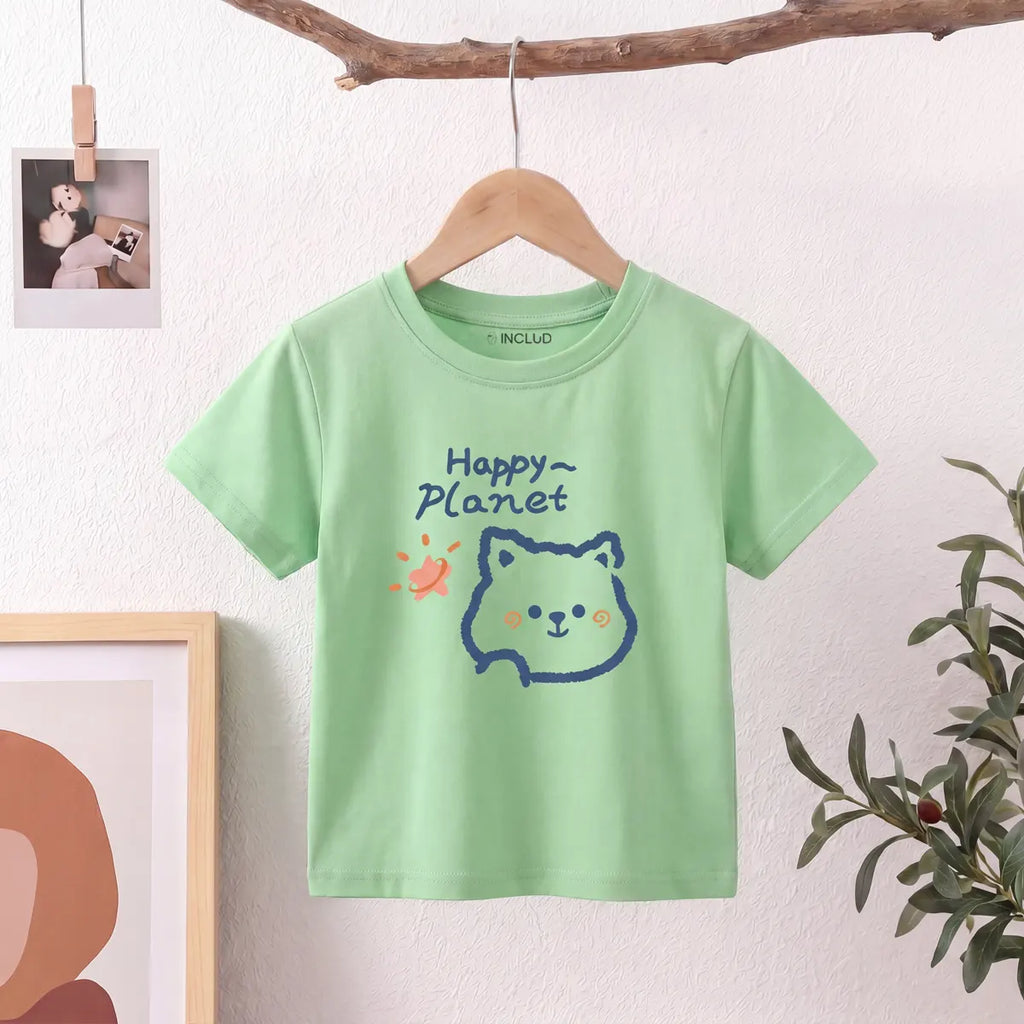 Girls Green Happy Planet Typography Print Short Sleeve T-Shirt Tshirts Green 1-2 Y