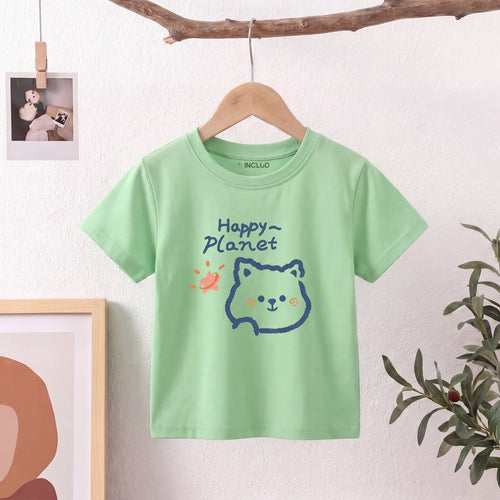 Girls Green Happy Planet Typography Print Short Sleeve T-Shirt Tshirts Green 1-2 Y
