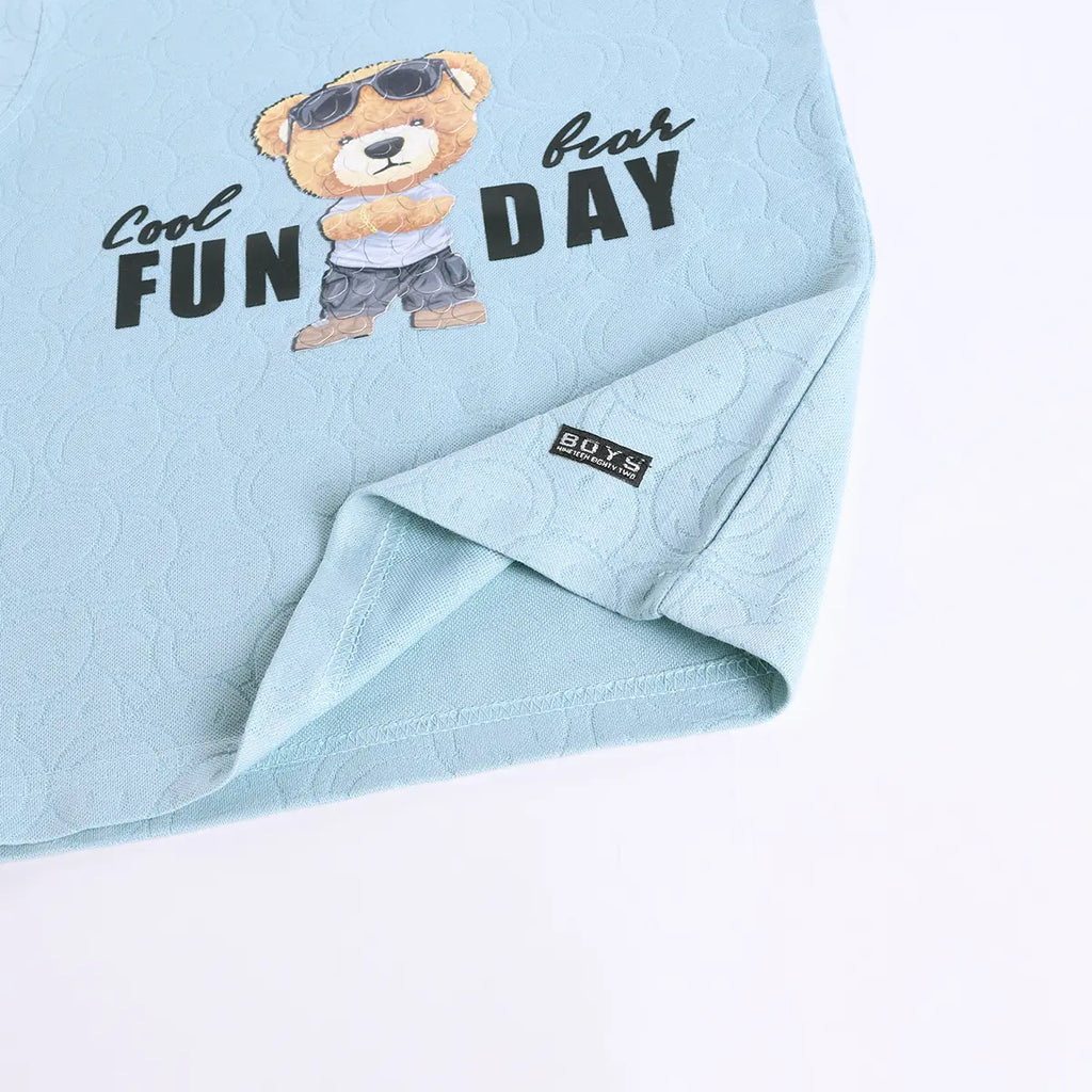 Boys Sea Green Typographic Printed Short Sleeve T-shirts With Elasticated Shorts Sets Sets