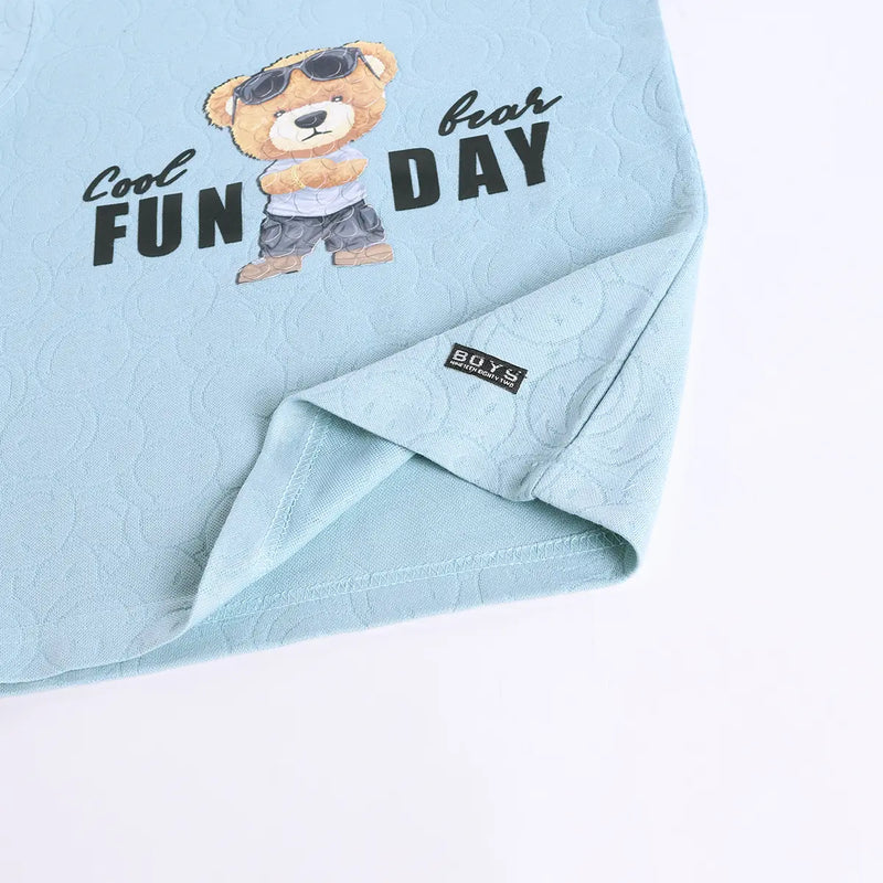 Boys Sea Green Typographic Printed Short Sleeve T-shirts With Elasticated Shorts Sets Sets