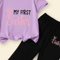 Girls Purple My First Easter Printed T-Shirt With Flared Pants Sets Sets