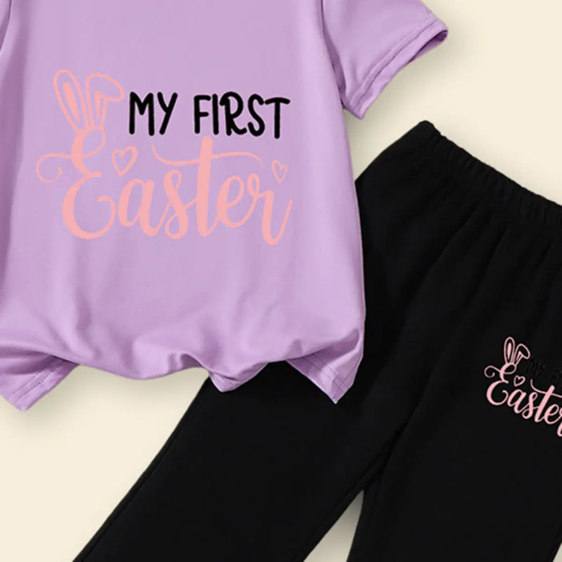 Girls Purple My First Easter Printed T-Shirt With Flared Pants Sets Sets