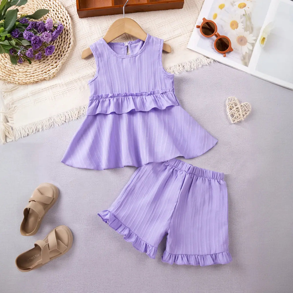 Girls Purple Stripes Sleeveless Top With Ruffle Hem Shorts Co-ord Sets Sets Purple 1-2 Y