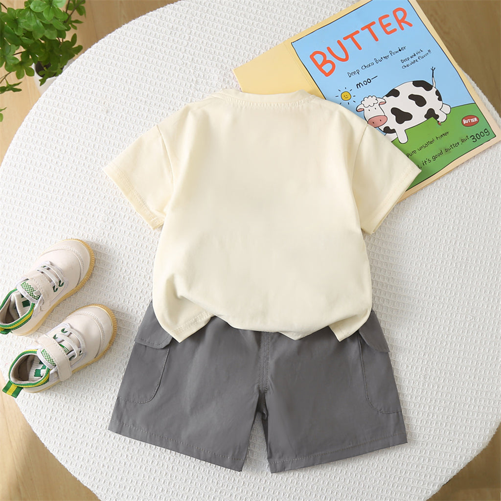 Boys Printed T-shirt with Attached Grey Zipper Pouch & Shorts Set Sets