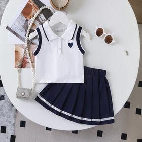 Girls Heart Embroidered Polo Top With Navy Blue Pleated Skirt Sets 2 pc. Sets Navy Blue 2-3 Y
