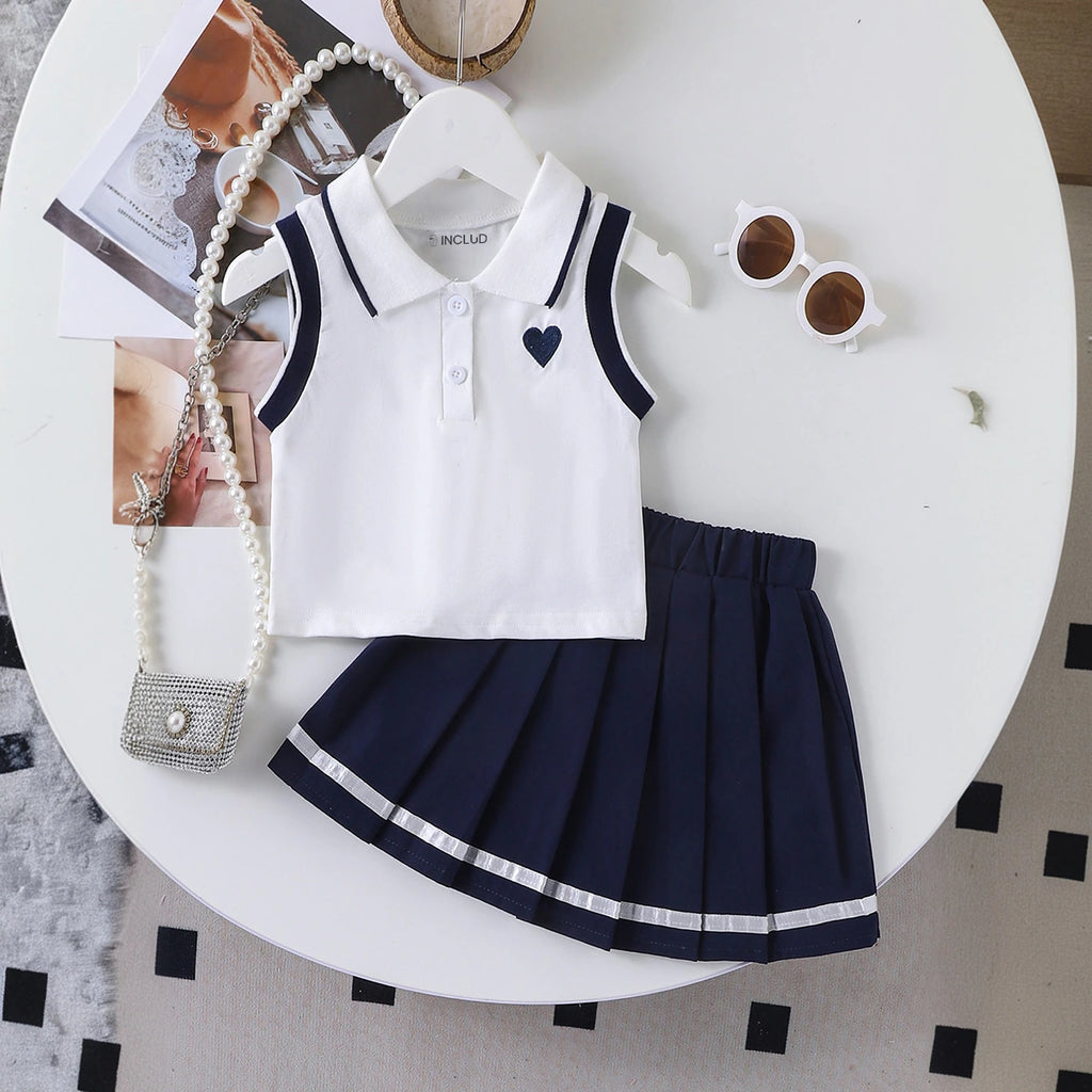 Girls Heart Embroidered Polo Top With Navy Blue Pleated Skirt Sets 2 pc. Sets Navy Blue 2-3 Y