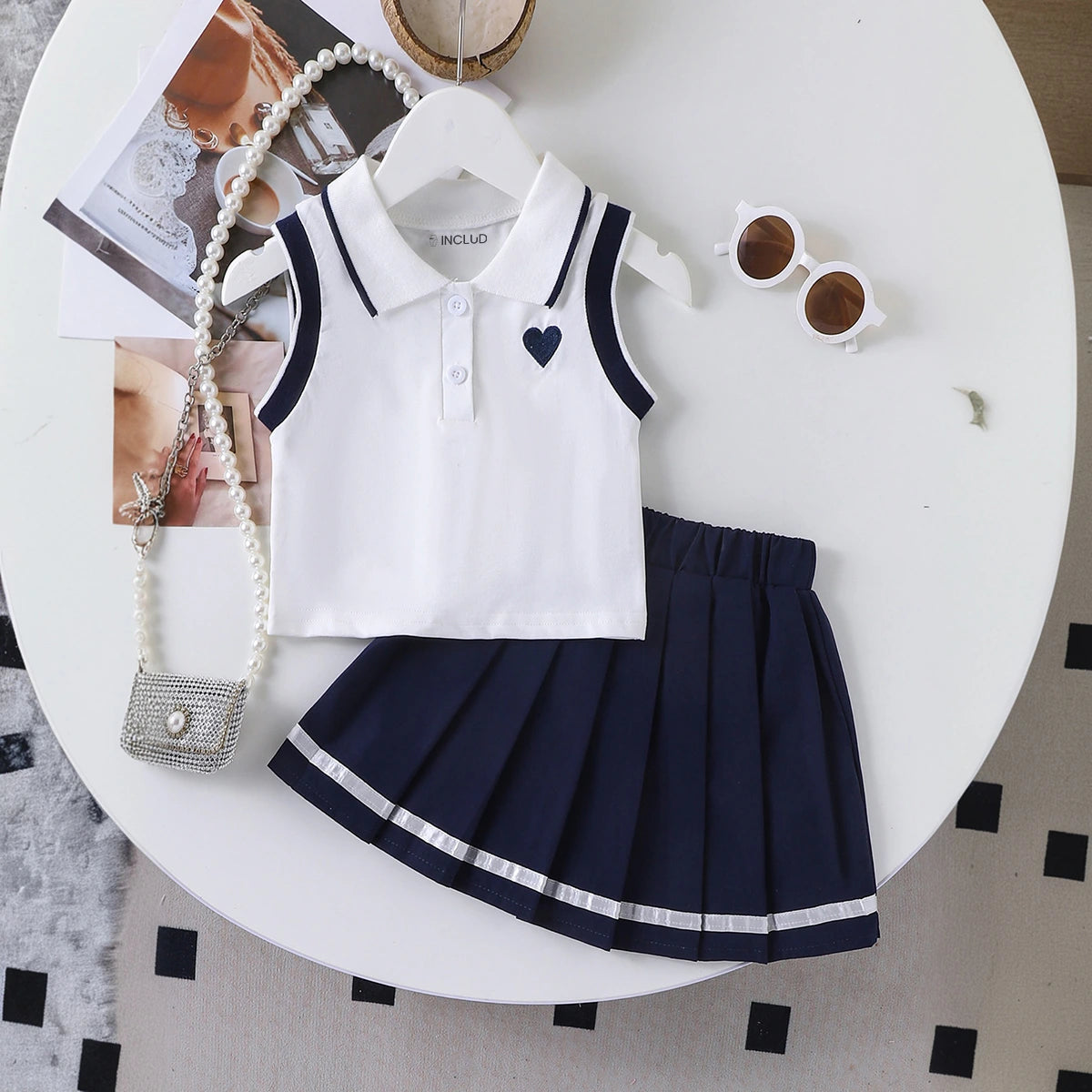 Girls Heart Embroidered Polo Top With Navy Blue Pleated Skirt Sets 2 pc. Sets Navy Blue 2-3 Y