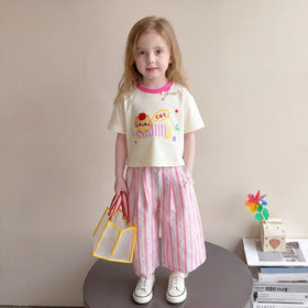 Girls Off White Cat Print T-Shirt With Striped Pants Sets Sets Off White 1-2 Y