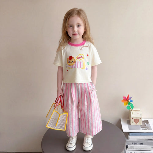 Girls Off White Cat Print T-Shirt With Striped Pants Sets Sets Off White 1-2 Y