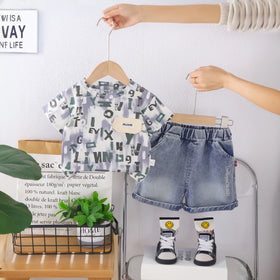 Boys Grey Typographic Print Short Sleeves T-Shirt With Denim Shorts Set Sets Grey 1-2 Y
