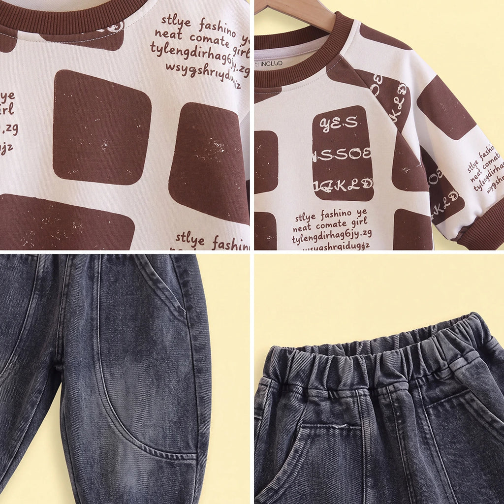 Boys Brown Typographic Sweatshirt & Denim Pants Sets Sets