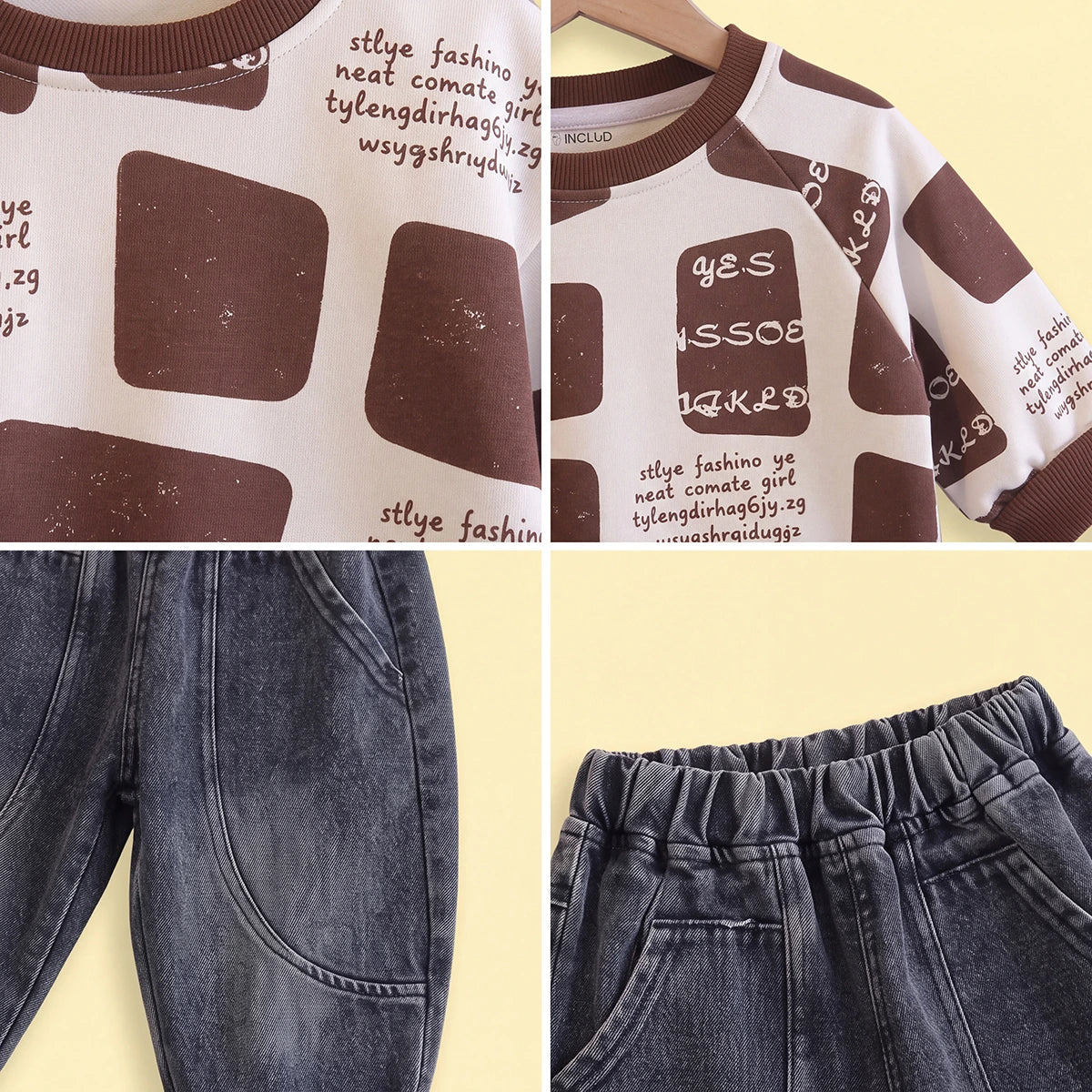 Boys Brown Typographic Sweatshirt & Denim Pants Sets Sets