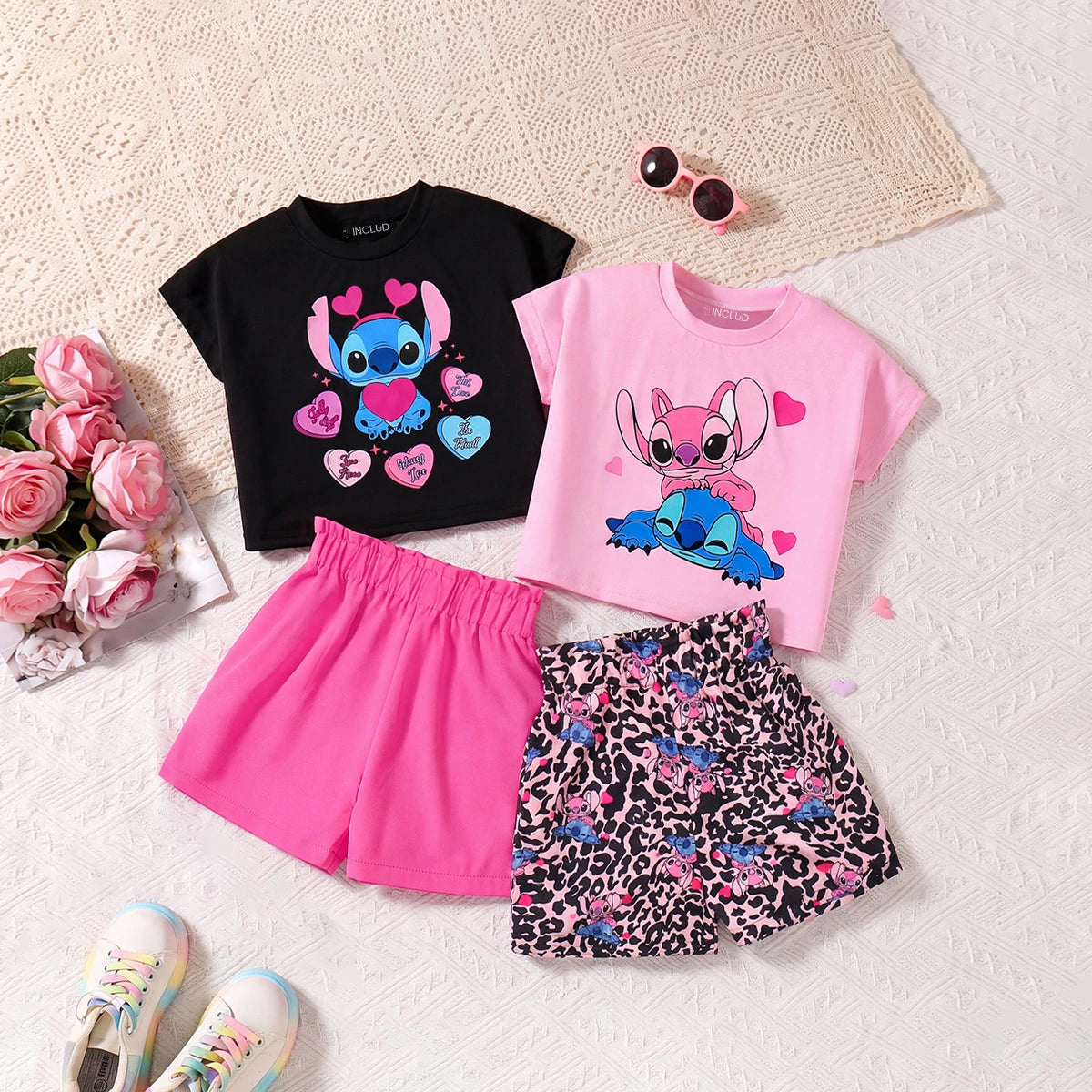 Girls Multicolor Print Short Sleeve T-Shirts With Shorts Sets Pack Of 2 2 pc. Sets Multicolor 3-4 Y