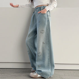 Girls Light Blue Kitty Embroidered Baggy Fit Denim Jeans Pants