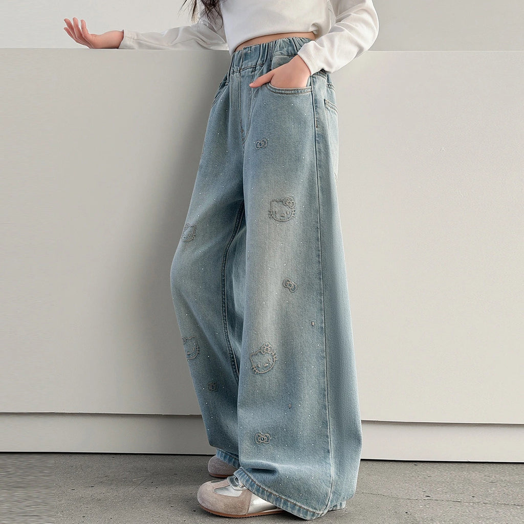 Girls Light Blue Kitty Embroidered Baggy Fit Denim Jeans Pants