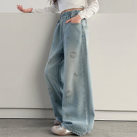 Girls Light Blue Kitty Embroidered Baggy Fit Denim Jeans Pants