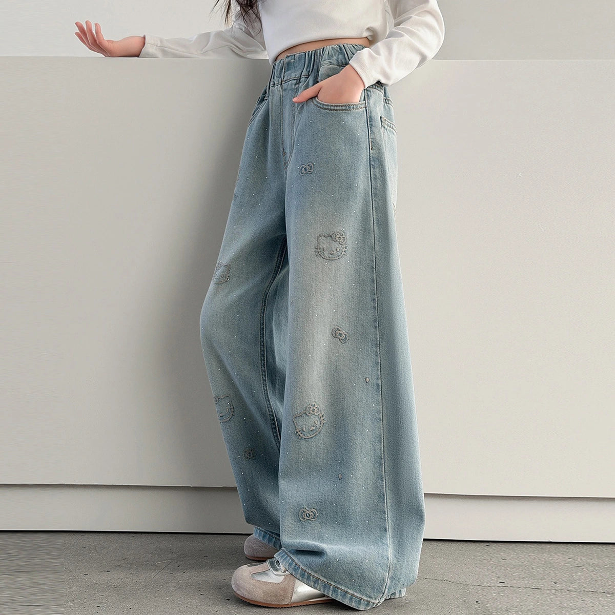 Girls Light Blue Kitty Embroidered Baggy Fit Denim Jeans Pants