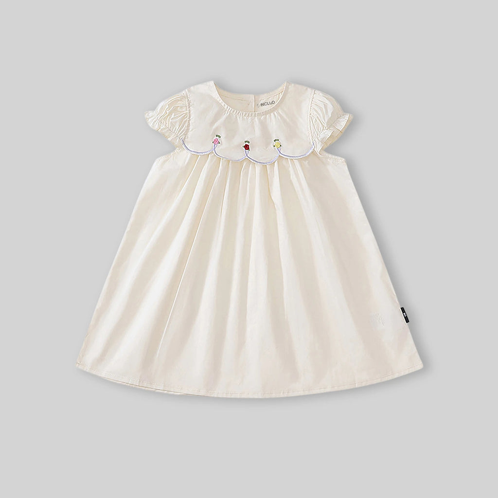 Girls Off-White Embroidered Puff Sleeve Fit & Flare Dress Casual Dresses