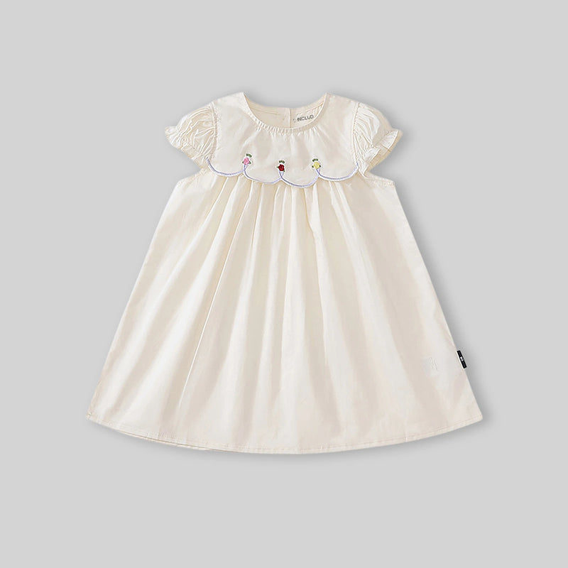 Girls Off-White Embroidered Puff Sleeve Fit & Flare Dress Casual Dresses