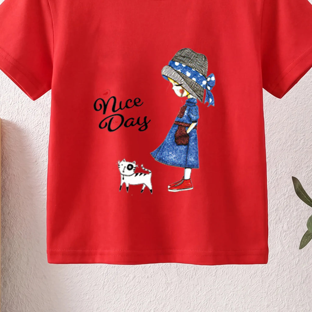 Girls Red Nice Day Typography Print Short Sleeve T-Shirt Tshirts