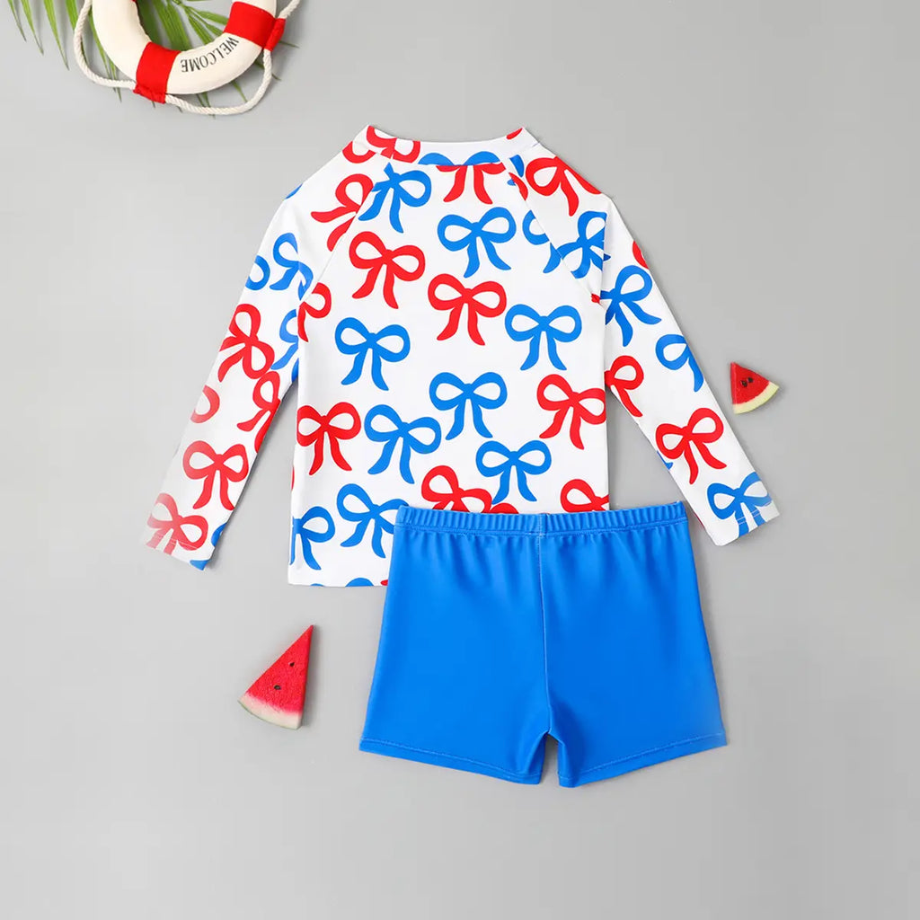 Boys Blue Allover Bow Printed T-Shirt With Shorts Swimwear Sets Beachwear
