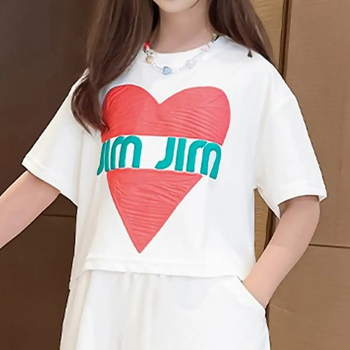Girls White Heart Print Short Sleeves Top With Shorts Set Sets