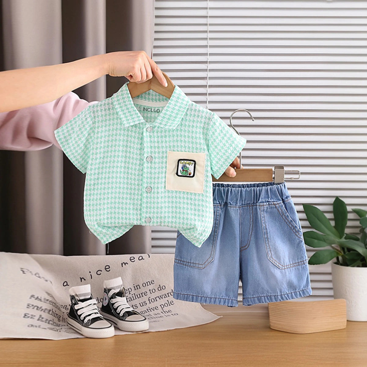 Boys Green Checked Button-Down Shirt With Denim Shorts Set Sets Green 1-2 Y