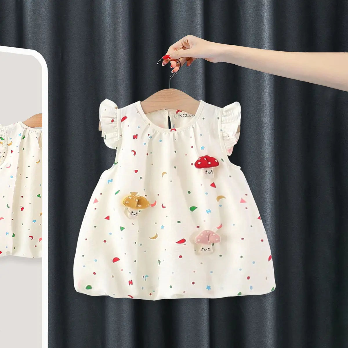 Girls Off White Mushroom Applique Balloon Dress With Star & Moon Print Casual Dresses Off White 1-2 Y
